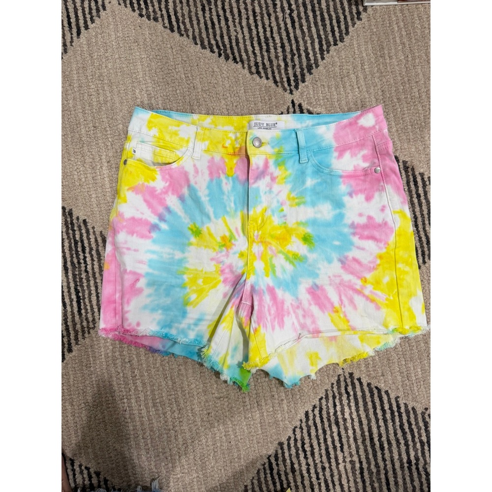 Judy Blue Snow Cone Tie Dye High Waist Denim Shorts Raw Hem Cut Off 1XL